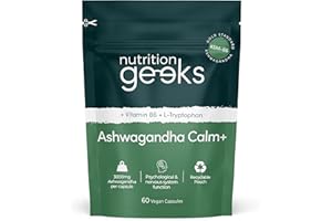 NUTRITION GEEKS Ashwagandha KSM 66 Complex – 3000mg Enhanced with L-Tryptophan & Vitamin B6 (2 Month Supply) – Ashwagandha High Strength Capsules with 250mg Extract (Not Gummies or Powder) - Vegan, UK Made