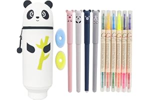 Mowtential 13 PCS 2 en 1 Trousse Scolaire en Silicone Souple Set, Trousse à Crayons Portable avec Cordon de Suspension, RéTractable, Grande Capacité, Pratique pour Ranger Fournitures Scolaires (Panda)