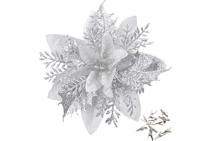 GL-TURELIFES GL-Turelfies 12 fiori di Natale glitterati 15 cm, con 12 clip di Natale artificiali a forma di stella di Natale, per albero di Natale, decorazioni per albero di Natale (Argento)
