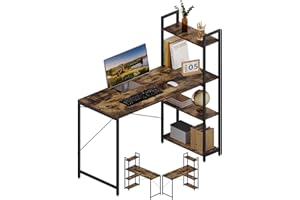 Klihome Scrivania con Libreria 4 Ripiani, Scrivania Salvaspazio, Scrivania da Lavoro, Scrivania Angolare Scrittoio Scrivania da Ufficio, Struttura in Metallo, 120x50x120cm, Marrone vintage + Nero