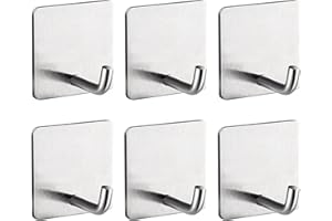 BLOOMIQUE 6 PCS Self Adhesive Hooks, Stainless Steel Waterproof Hooks Heavy Duty Stick on Wall Hanger no Drilling Required without Nail Rustproof Self Adhesive Hook for Bathrooms Kitchen Lavatory Closet