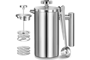 Wrobic French Press zaparzacz do kawy, 1000 ml, podwójna ścianka, izolowana francuska praska, dodatkowe 3 filtry i łyżki, francuska prasa do kawy, do domu, na kemping i do biura, W-CT0003DE