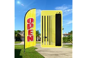 QSUM Bandera de plumas abiertas, bandera de publicidad abierta de 8 pies con kit de poste, estaca de tierra, letreros abiertos para negocios y escaparates (amarillo)