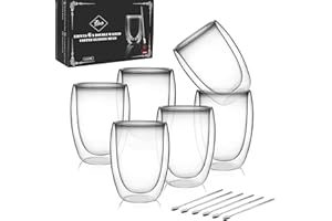 LIBWYS 6 Pack Double Walled Coffee Glasses Mugs, Cappuccino Latte Macchiato Tea Milk Glasses Cups Heat Resistant Cup 350ML (Without Handle)