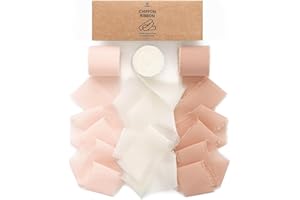 Vitalizart Ruban de Soie Mousseline Fait Main avec Franges, Total 3,8 cm x 19,2 m, Rose & Crème, Set de Rubans pour Fêtes de Mariage, Bouquets de Mariage, Invitations, Emballages Cadeaux, Décoration