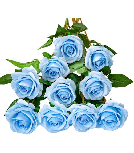 12 Roses Artificielles En Soie - Bouquet Blanc Et Bleu Pour Décoration Maison Ou Mariage