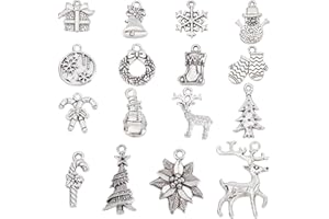 SUNNYCLUE 1 BOX 96PCS 16 Style Christmas Charms Bulk Winter Charm Tibetan Alloy Silver Christmas Tree Xmas Gift Candy Snowman Deer Snowflake Charm for jewellery Making Charms Necklace Bracelet Earring