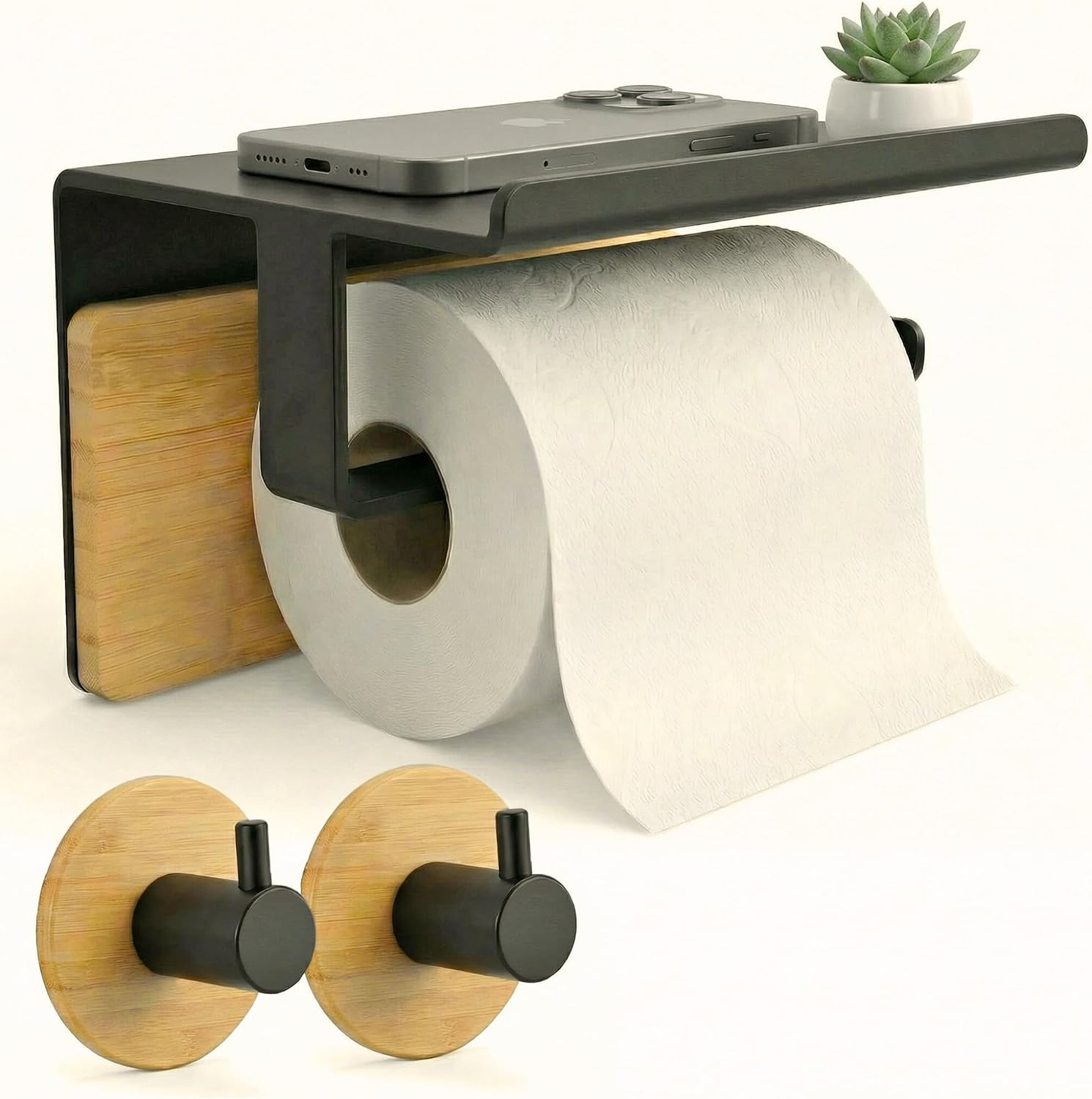 BYSER Portarrollos Papel Higienico Adhesivo con Repisa + 2 Ganchos. De Acero Inoxidable Negro y Bambú. Soporte para Papel Higienico Pared sin Taladro, con Accesorios Baño Modernos