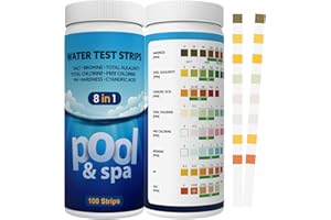 UJAXJAXI Pool Teststreifen für pH Chlor Salz,8 IN 1,100 Stück Genauer Teststreifen für Pool Schwimmbad Hot Tub Spa für Salz(Salzgehalt 0-6000),Härte,Gesamtalkalität,Cyanursäure,Gesamtchlor,freies Chlor,Brom,pH