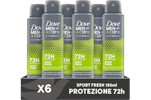 Dove Deodorante Dove Men + Care Sport Fresh Spray Advanced Care, Deodorante Uomo, con 1/4 Crema Idratante, Formula Idratante e Delicata sulla Pelle, Protezione Fino a 72 Ore, 6 Pezzi da 150 ml