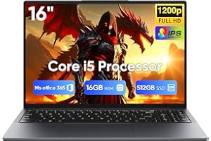 UPBUD Ordenador portátil 16" Gamer-Core i5-8210Y (hasta 3,6 GHz), 16 GB RAM,512GB SSD,Win 11 Pro,MS Office 365 incluidos,Pantalla FHD 1920x1200 16:10,Teclado retroiluminado,Wi-FI.BT5.0,USB-A,HDMI,RJ45