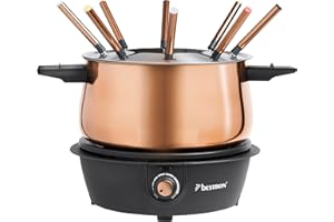 Bestron appareil a fondue, fondue électrique pour 8 personnes, avec 8 fourchettes à fondue et thermostat continu, incl. Protection contre les éclaboussures, couleur: Cuivre
