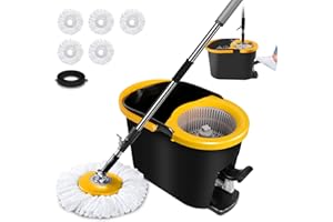 OZD Kit Balai Serpillère & Seau Essoreur, Serpillière Seau Essoreur avec Manche INOX, Sceau Menage Essoreur à Pédale, Seau Serpillere avec 5 Microfibre Réutilisables et 1 Tête de Brosse