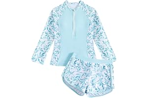 DIVINGBIRDS Girls Swimming Costume Padded Bras Long Sleeve Kid Swimsuit Two Pieces Swimming Suit Girl Swimwear with Swim Short 8-12 Years