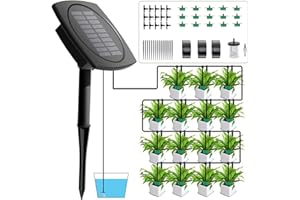 Joysing Solar Irrigation System 2025 New Automatic Watering System with 15 Drippers 12 Timer Modes, Anti-siphon Solar Watering System 15M Hose Self Watering System for Plant Garden Greenhouse Patio