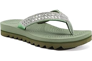 KuaiLu Womens Orthotic Flip Flops with Arch Support Yoga Mat Cushion Fashion Rhinestone Sandals Summer Walking Beach Travel Thong Slides Comfy Plantar Fasciitis Indoor Outdoor Sandles