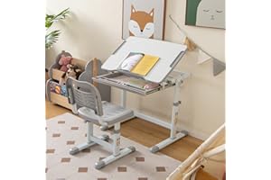 ‎DREAMADE DREAMADE Kinderschreibtisch höhenverstellbar, Schülerschreibtisch Jugendschreibtisch neigungsverstellbar, Schreibtisch Set für Kinder mit Stuhl und Schublade, für Jungs & Mädchen (Grau)