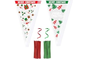 Christmas Sweet Cones Bags,Cydaluya 100pcs 13 * 25cm Sweet Cone Bags,Triangle Christmas Sweet Bags with 50 Red Twist Ties & 50 Green Twist Ties for Candy and Cookies Packaging