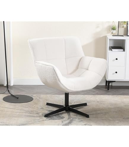 Fauteuil Pivotant Design Blanc En Forme De Fleur - Housse Bouclée, Tourne à 360°, Hauteur D'assise 39 Cm, Salon Moderne