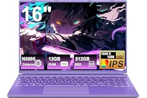 HUQPPQ 16 Inch Gaming Laptop, Celeron N5095 (Up to 2.9GHz),12GB RAM 512GB SSD, FHD 1920×1200 IPS Display, 1TB Expandable Storage, WiFi 6, Win11 Pro,Type C, Portable Purple Laptop for Work & School