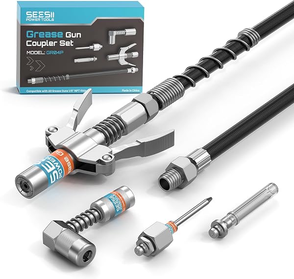 Seesii Kit di Accessori per Ingrassatore, Comprensivo di Testina Ingrassatore Professionale, Adattatore a 90 Gradi, Tubo Flessibile da 30 cm e 2 Puntali per Un Facile Lubrificazione, GR04P - 1