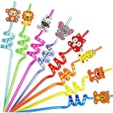 Ynaice 8 Pieces Reusable Drinking Straws Cocktail Plastic Straws Safari Jungle Party Straw Zoo Wild Animals Crazy Straw for A