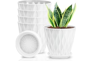 Enenes 5 Pack 15cm Plastic Planters Indoor, Planters with Drainage Hole and Tray, Plastic Flower Pots,Plastic Plant Pots for Decoration,Decorative Round Plant Pots