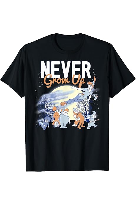 T-Shirt Donna 'Never Grow Up' – Peter Pan, Bianco, 100% Cotone, Stampa Morbida, Girocollo Con Risvolto