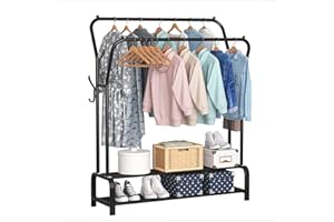 ACCSTORE Freestanding Metal Clothes Rack with Double Pole Double Layer Storage Shelf, Black