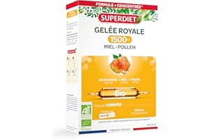 SUPERDIET-GELÉE ROYALE 1500MG BIO- Gelée royale, miel,pollen bio-Défenses immunitaires-Fabrication française-20 ampoules de 10ml
