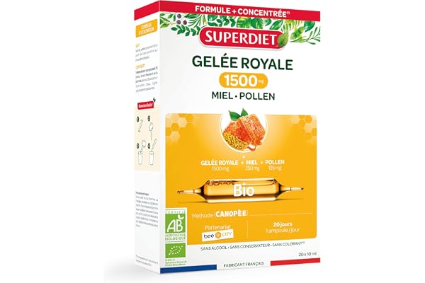 SUPERDIET-GELÉE ROYALE 1500MG BIO- Gelée royale, miel,pollen bio-Défenses immunitaires-Fabrication française-20 ampoules de 10ml