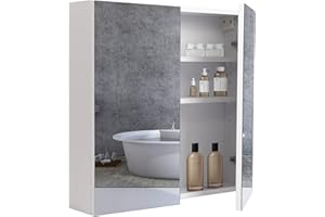 BELIWIN Wall-Mounted Mirror Cabinet White, 2-Door Mirrored Storage Cupboard, Adjustable Height Shelves Storage Unit (60 x 60 x 15 cm)