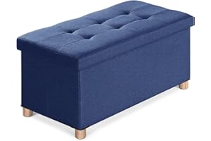 BRIAN & DANY Ottoman Storage Box with 4 Wood Legs, Linen Storage Ottoman for Living Room, Blue, 76 x 38 x 38 cm