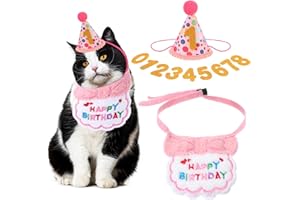 DOPENSPI Cat Birthday Party Supplies, Pink Cat Birthday Hat with Number and Collar Cute Kitten Bandana Party Decorations Outfits for 0-8 years Kitten