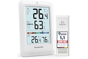 Newentor Radiowa stacja pogodowa z czujnikiem zewnętrznym – MAX MIN termometr wewnętrzny na zewnątrz 24/48 godz./cały czas – higrometr wilgotności powietrza z komfortem powietrza – termometr pokojowy wewnątrz z oświetleniem, biały