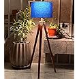 F N Finautica Natural Standard Size Tripod LED Floor Lamp With Blue Cotton Fabric Lamp Shade Home Decors Gift, Brown