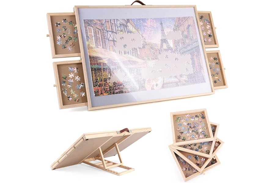 Ruication Jigsaw Puzzle Board Folding Tilting Puzzle Table Wooden Jigsaw Board Non-Slip Mat Surface for 1000 pieces 4 Sliding Drawers Storage System For Adults Gift