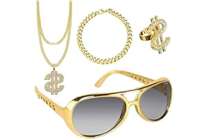 CAPGOOST Set di 4 collane da dollari, con segno di dollari, anelli da sole, collana in oro, set da costume hip hop, accessori per carnevale, gioielli hiphop, per uomo 80s/90s, gold, L