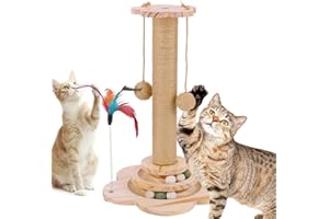 FitRepa Cat Scratching Post Multifunctional Cat Scratch Post - with Solid Wooden Base, Interactive Track & Spring Feather Toy, Scratching Posts For Indoor Cats (46cm Tall)