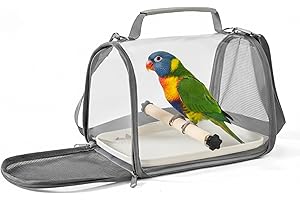Zuisfau Portable Bird Carrier for Travel, Breathable Small Animal Travel Cage with Perch & PP Tray, Ideal for Parrot, Parakeet, Small Animals on Hiking, Camping & Vet Visits (Grey)