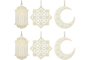 ANCLLO 2 juegos de 6 piezas de adornos colgantes de madera Ramadan Kareem Decoración Luna Estrella Viento Forma de luz Adorno colgante para Ramadán Mubarak Eid Decoraciones
