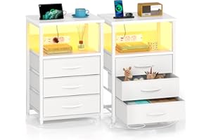 ‎ROLANSTAR Rolanstar Nachttisch mit LED, Nachtschrank mit 3 Schubladen, Beistelltisch mit Ladefunktion, Platzsparend & Einfach Montiert für Schlafzimmer, Geeignet für Wohnzimmer, Schlafzimmer, Weiß 2pcs
