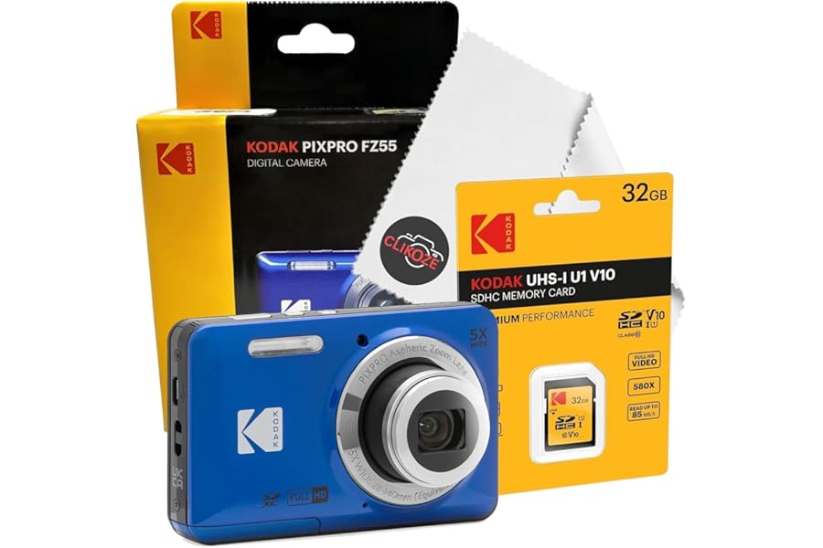 Digital Camera Set Bundle with Kodak Pixpro FZ55 Blue Compact Digital Camera, 32gb SD Card, and Clikoze Cleaning Cloth