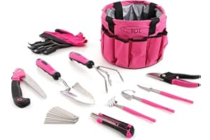 SIXTOL Garden PINK 10 Gartenwerkzeug Set | 10 STK. Garten Zubehör aus Edelstahl | Gartentasche als Geschenk Frauen | Für Gärtner | Gartengeräte mit Aufbewahrungstasche | Blumenschere, Gartenkralle