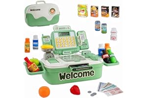 FORROBY Kids Toy Till Cash Register with Scanner Microphone,Play Food Set Accessories,Mini Supermarket Shop Toys,Childs Pretend Role Play Learning Gifts for Age 3 4 5 Boys Girls (Green)