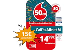 Vodafone Prepaid CallYa M | 50 GB | 15 EUR Startguthaben | ohne Vertrag | 5G-Netz | Telefon- SMS-Flat | EU-Roaming