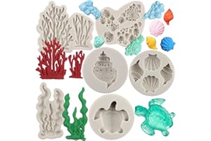 MYPRACS Set di 6 stampi in silicone a tema marino, tartaruga marina, conchiglie, alghe marine, corallo, per decorare torte, cupcake, cioccolato, caramelle, pasta di gomma, pasta polimerica