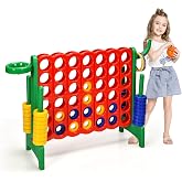COSTWAY Connect 4 Giant, Mega 4 for Kids and Adults, 74cm Outdoor Game with Basket and Ring Toss Game, 42 Giant Pieces, Easy