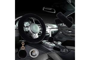 ZYNQACC 1 Set 8 Pieces Fluffy Steering Wheel Cover Set,Warm Soft Fuzzy Steering Wheel Covers for Women/Girls,Universal 15 Inches Girls Car Accessories (Black)