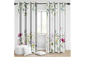‎BOVLLEETD Bovlleetd Pflanzen Blumen Verdunkelungsvorhänge, Polyester grüne Blätter Zweige Bunte Blumen Fenster Vorhänge Botanische Blätter Floral Vorhänge für Home Wohnzimmer Vorhang, 2 Panels 140x145cm
